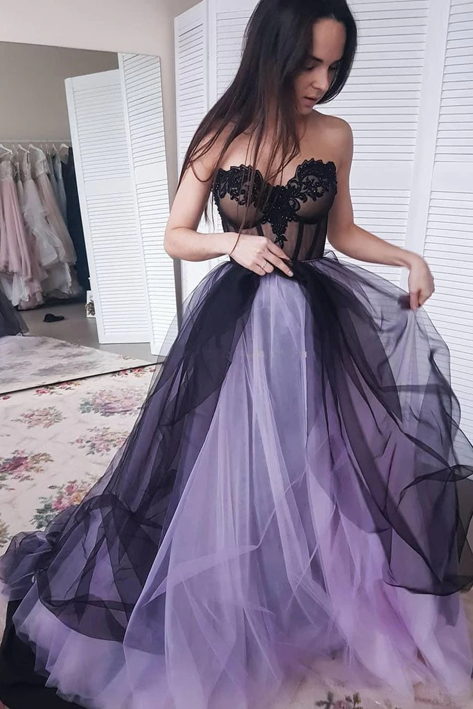 Green/Purple Elegant Lace Tulle A-Line Long Tulle Formal Prom Dresses Formal Evening Gown Sexy Backless Wedding Dresses Main image