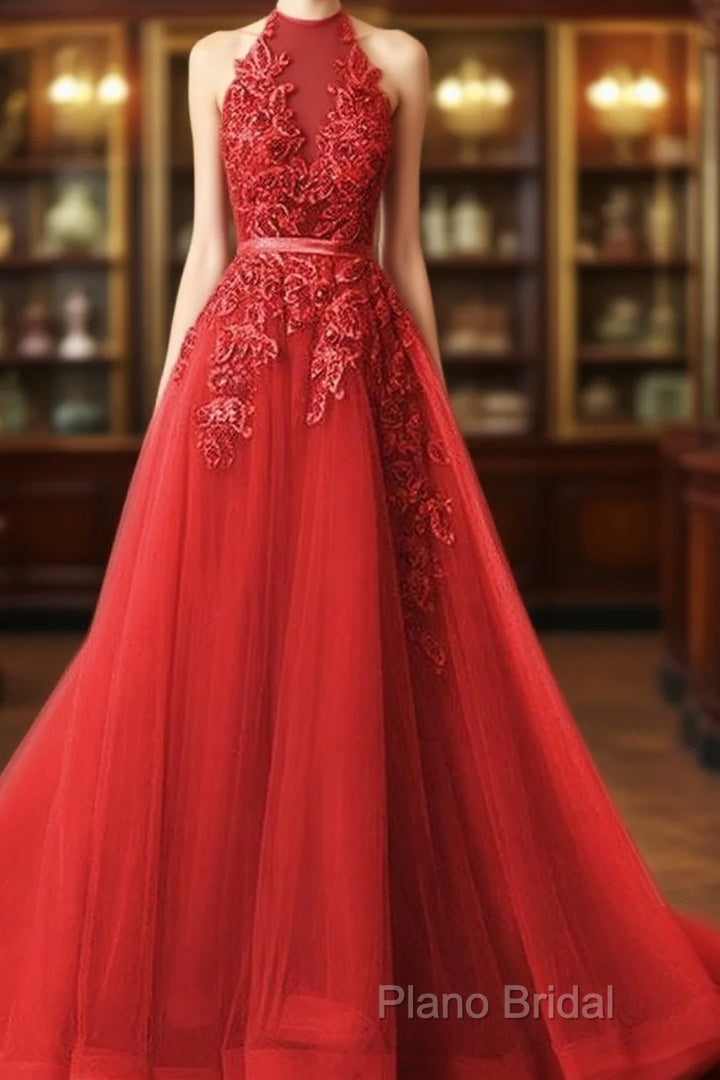 Long Formal Prom Dresses Halter Brush Train Simple Lace Formal Prom Dresses