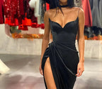 Green/Black New Style Fashion Spaghetti Straps Long Slit Sexy Satin Formal Prom Dresses Formal Evening Dresses Formal Dresses