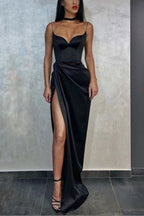 Green/Black New Style Fashion Spaghetti Straps Long Slit Sexy Satin Formal Prom Dresses Formal Evening Dresses Formal Dresses