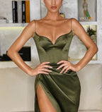 Green/Black New Style Fashion Spaghetti Straps Long Slit Sexy Satin Formal Prom Dresses Formal Evening Dresses Formal Dresses