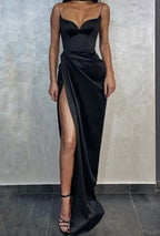 Green/Black New Style Fashion Spaghetti Straps Long Slit Sexy Satin Formal Prom Dresses Formal Evening Dresses Formal Dresses
