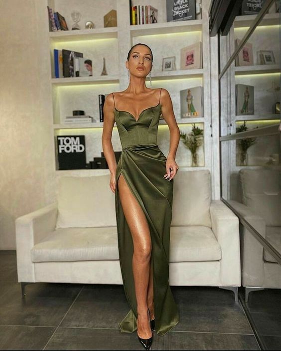 Green/Black New Style Fashion Spaghetti Straps Long Slit Sexy Satin Formal Prom Dresses Formal Evening Dresses Formal Dresses Main image