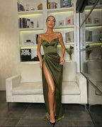 Green/Black New Style Fashion Spaghetti Straps Long Slit Sexy Satin Formal Prom Dresses Formal Evening Dresses Formal Dresses