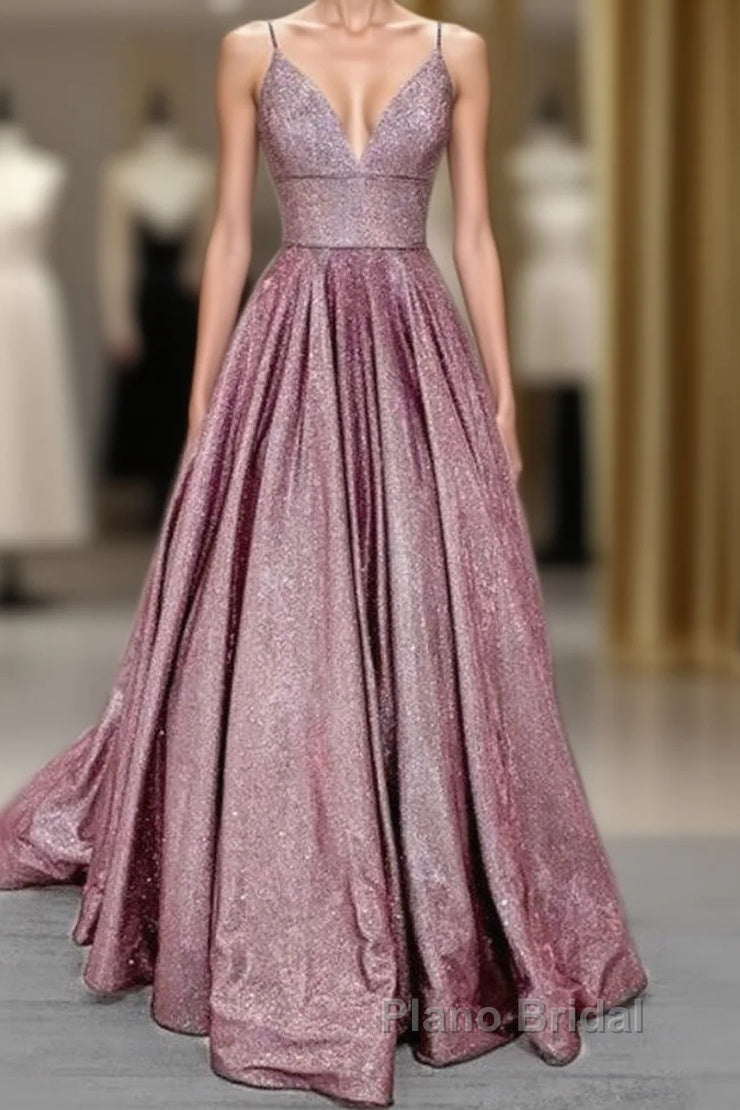 Long Formal Prom Dresses Glitter V Neck With Pockets