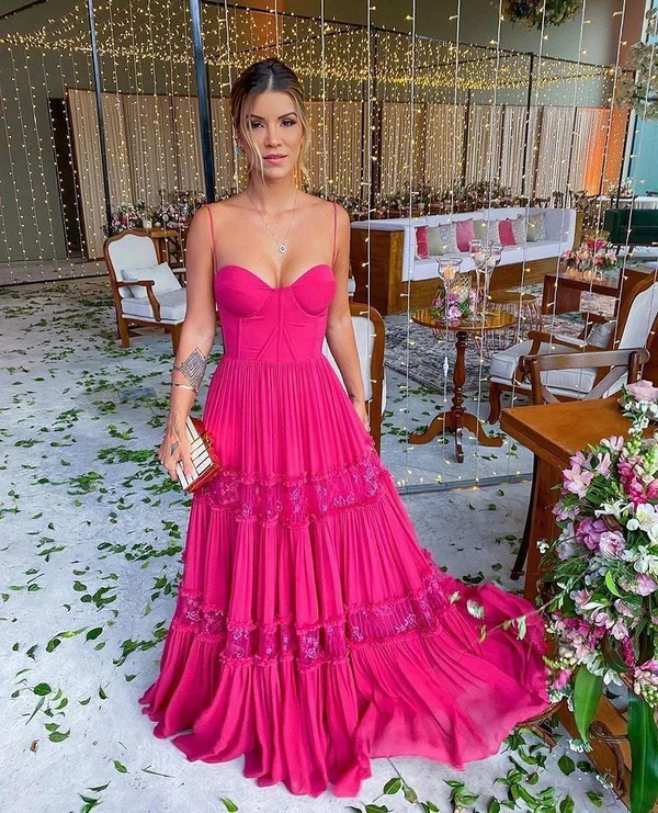 Hot Pink A-Line Spaghetti Straps Chiffon Long Formal Prom Dresses