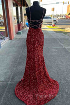 Long Formal Prom Dresses Red Sequins Beaded Mermaid Evening Dresses Straps