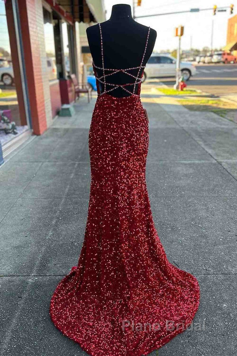 Long Formal Prom Dresses Red Sequins Beaded Mermaid Evening Dresses Straps