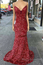 Long Formal Prom Dresses Red Sequins Beaded Mermaid Evening Dresses Straps