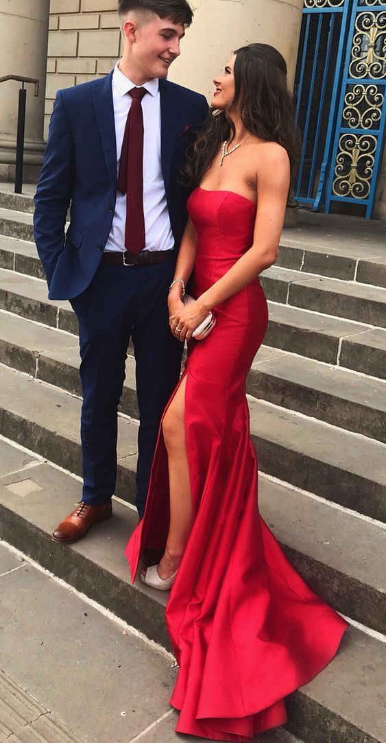 Long Formal Prom Dresses, Strapless Mermaid Red Formal Prom Dresses With Slit Secondary image