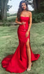 Long Formal Prom Dresses, Strapless Mermaid Red Formal Prom Dresses With Slit