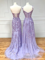 Long Purple Lace Formal Prom Dresses,Unique A Line Formal Evening Dresses