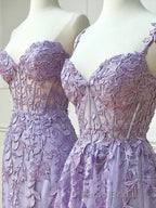 Long Purple Lace Formal Prom Dresses,Unique A Line Formal Evening Dresses