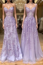 Long Purple Lace Formal Prom Dresses,Unique A Line Formal Evening Dresses