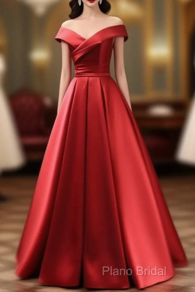 Long Red Satin Formal Prom Dresses Off The Shoulder Formal Gowns