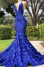 Long Royal Blue Mermaid Prom Dresses V Neck Open Backs
