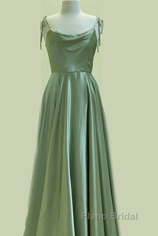 Long Sage Green Satin Cowl Neck Dresses