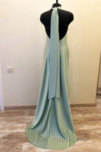 Long Satin Draped Sage Green Halter Bridesmaid Dresses