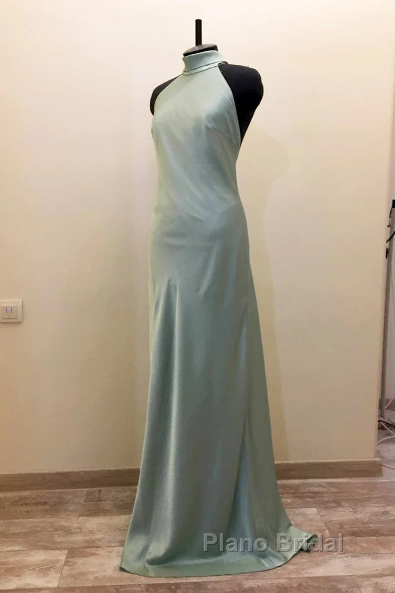 Long Satin Draped Sage Green Halter Bridesmaid Dresses