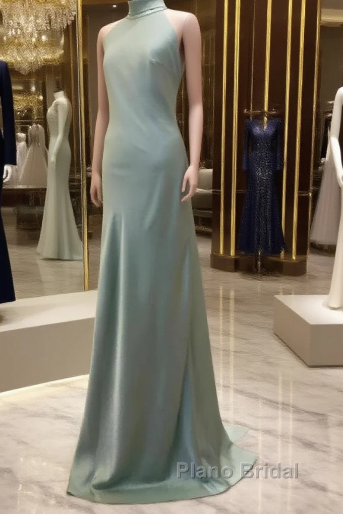 Long Satin Draped Sage Green Halter Bridesmaid Dresses Main image