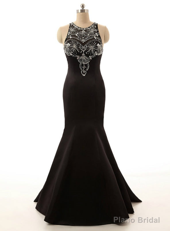 Long Satin Evening Gown Beaded Black Crystals Mermaid Prom Dresses Main image
