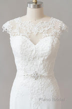 Long Sheath  Illusion Lace Wedding Dress with Cap Sleeve