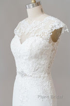 Long Sheath  Illusion Lace Wedding Dress with Cap Sleeve