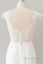Long Sheath  Illusion Lace Wedding Dress with Cap Sleeve