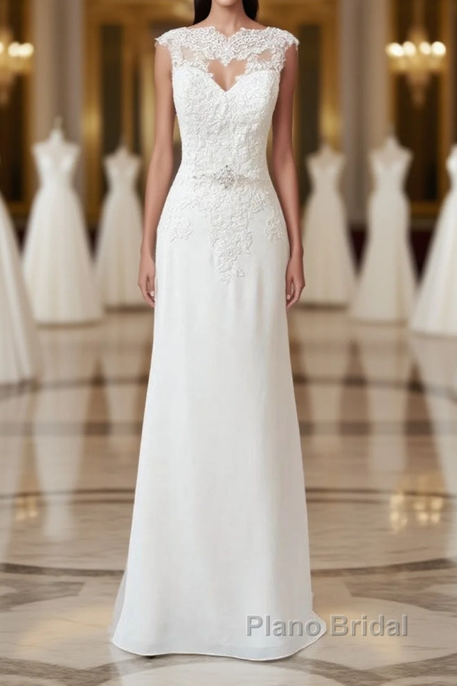 Long Sheath  Illusion Lace Wedding Dress with Cap Sleeve