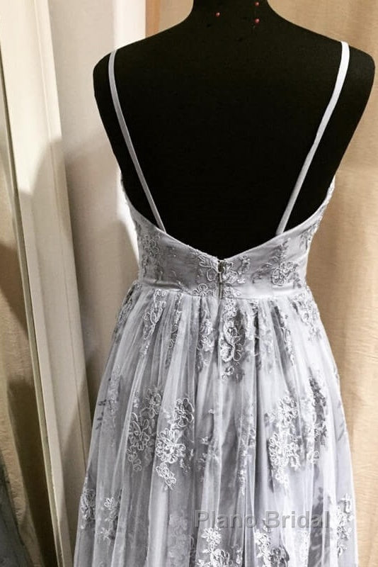 Long Silver Tulle Bridesmaid Dresses Lace Appliques