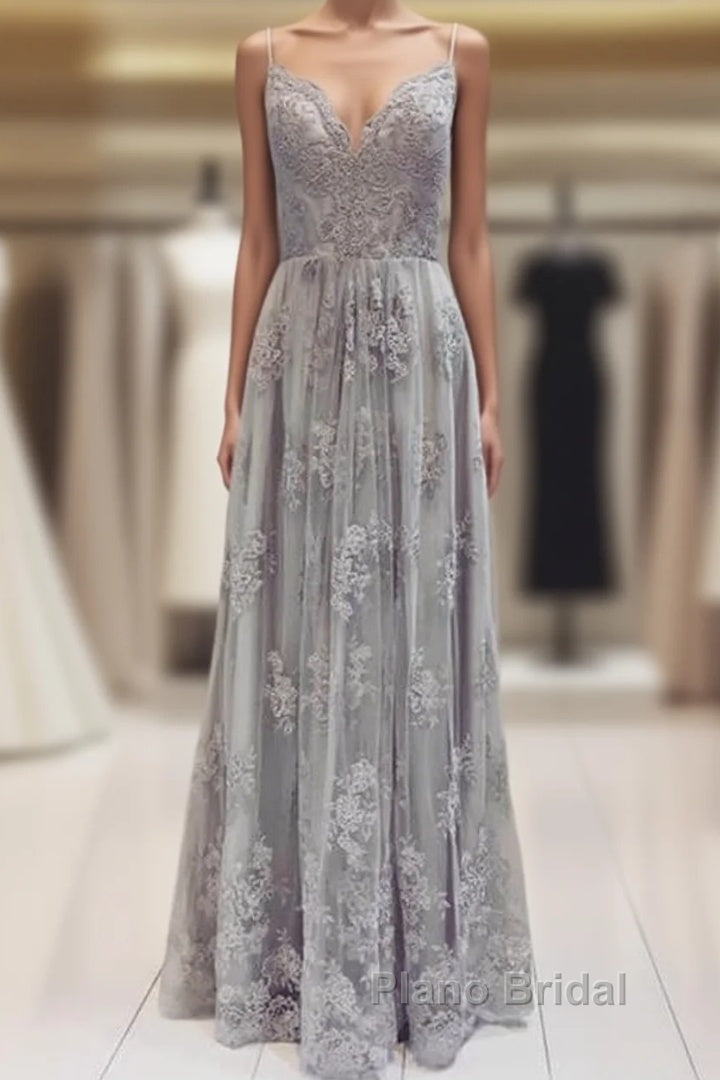 Long Silver Tulle Bridesmaid Dresses Lace Appliques Main image