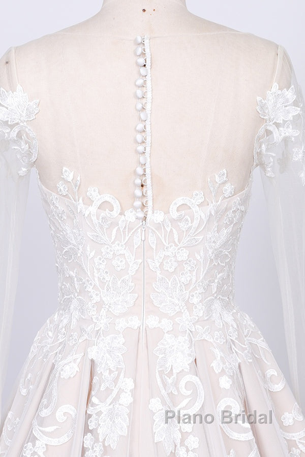 Long Sleeve Appliques Lace Tulle A-line Wedding Dress