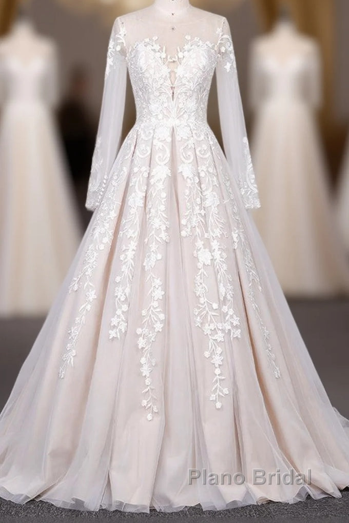Long Sleeve Appliques Lace Tulle A-line Wedding Dress