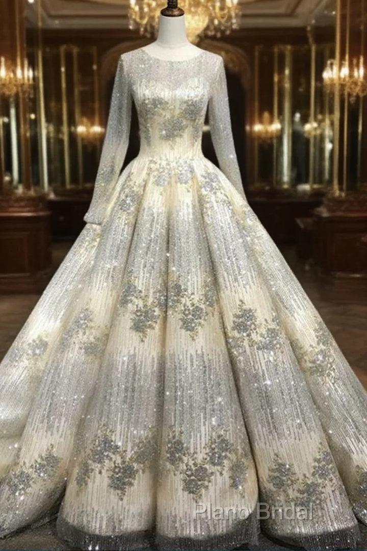 Long Sleeve Luxury Diamond Sparkly Wedding Dresses Formal Prom Dresses Main image