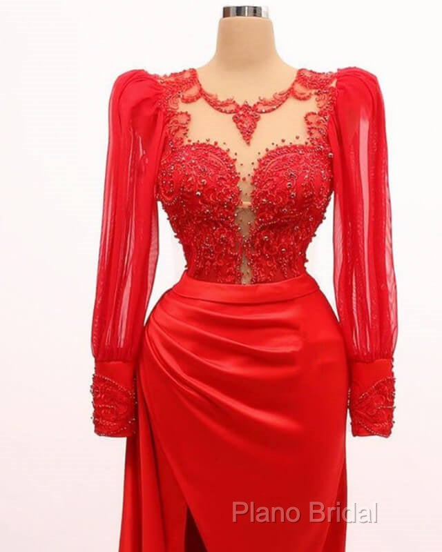 Long Sleeve Mermaid Applqiue Dresses With Slit