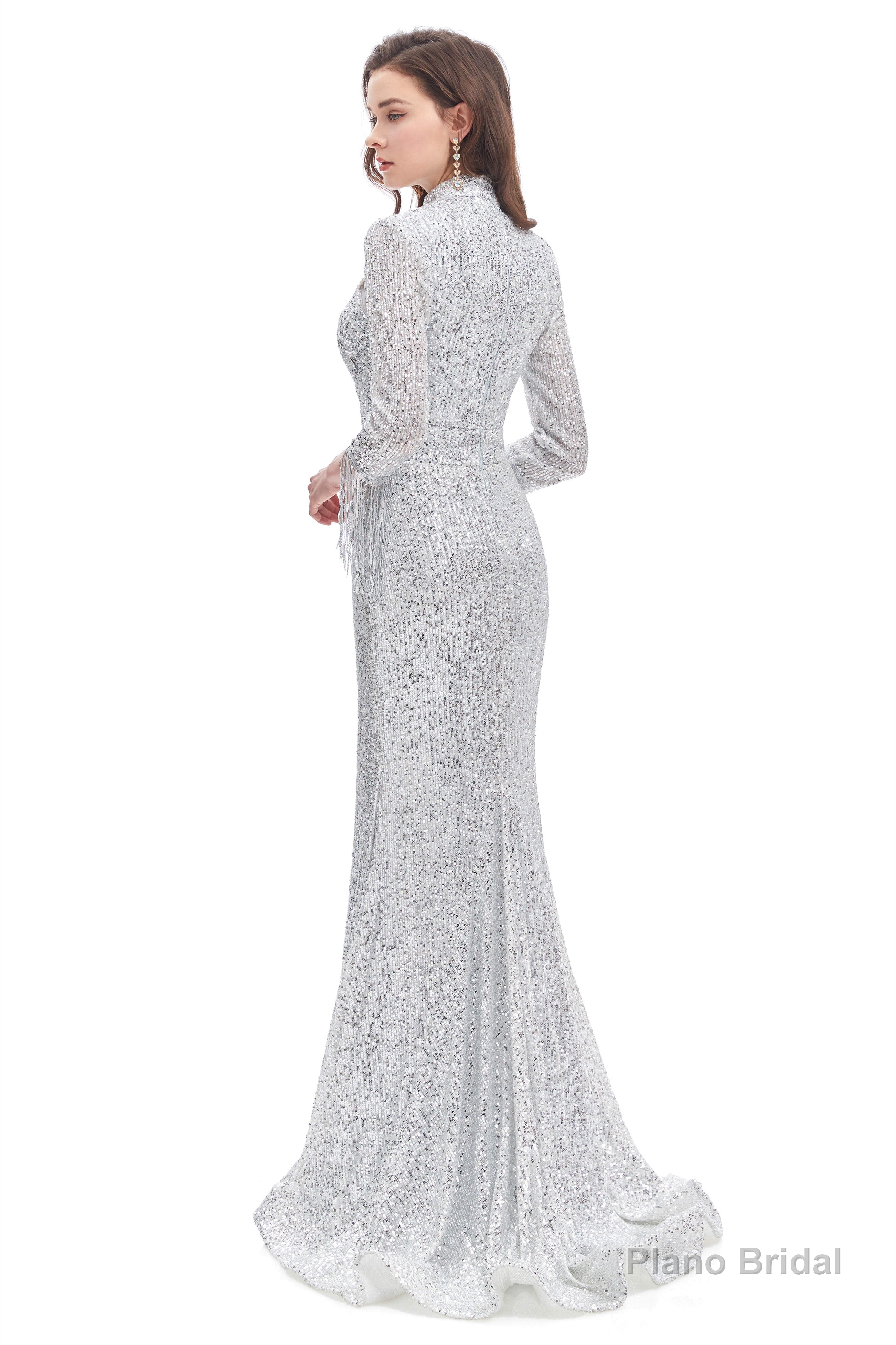 Long Sleeve Mermaid Prom Dresses Silver Sequins Trumpet
