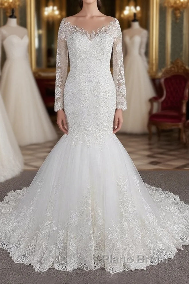 Long Sleeve Mermaid Sweetheart Appliques Lace Backless Wedding Dress
