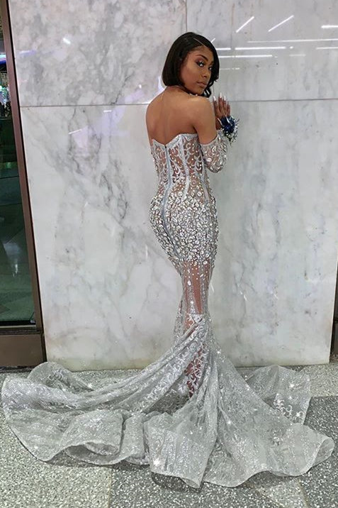 Long Sleeve Off The Shoulder Silver Black Girl Formal Prom Dresses Mermaid Sexy Illusion Beads Crystals Formal Evening Gowns Cheap