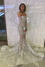 Long Sleeve Off The Shoulder Silver Black Girl Formal Prom Dresses Mermaid Sexy Illusion Beads Crystals Formal Evening Gowns Cheap