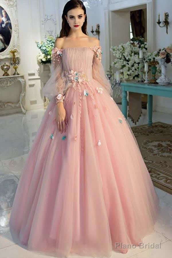 Long Sleeve Pearl Pink Off The Shoulder With Hand-made Flower Quinceanera Dress Main image