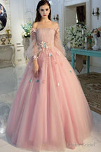 Long Sleeve Pearl Pink Off The Shoulder With Hand-made Flower Quinceanera Dress