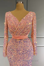 Long Sleeve Pink Mermaid Sequin Formal Prom Dresses