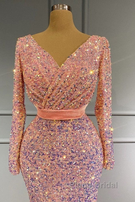 Long Sleeve Pink Mermaid Sequin Formal Prom Dresses