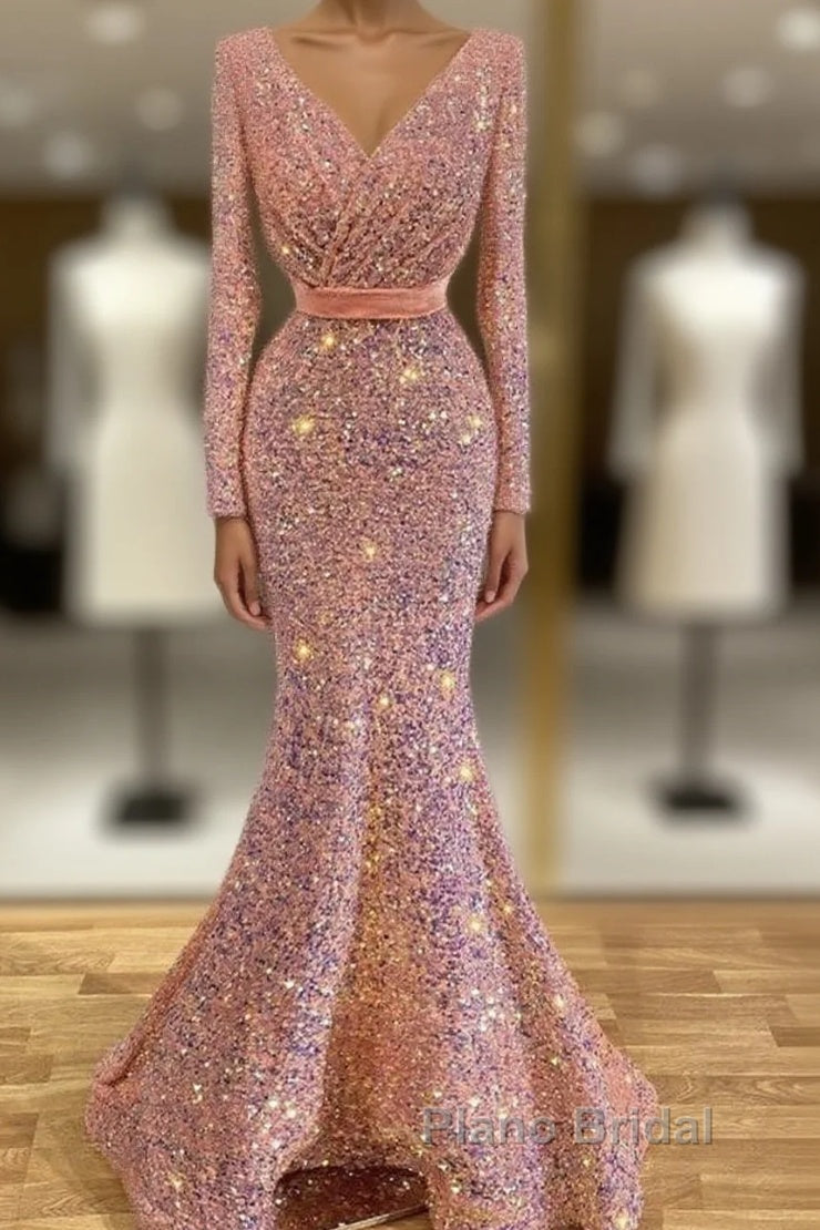 Long Sleeve Pink Mermaid Sequin Formal Prom Dresses Main image