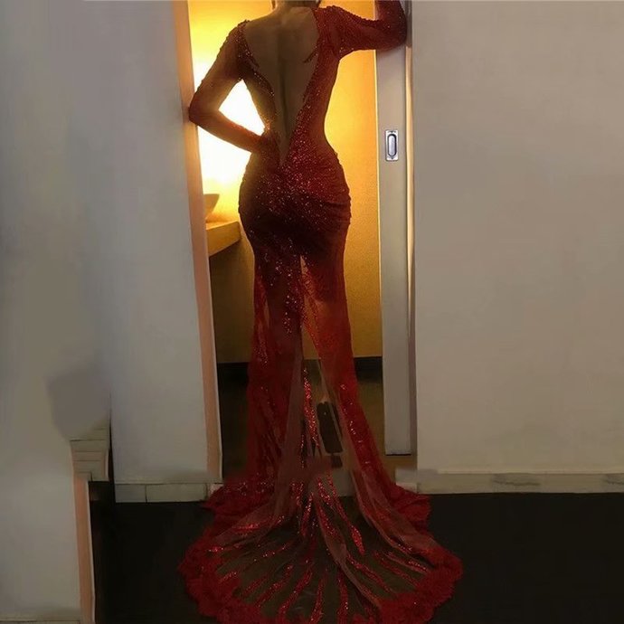Long Sleeve Red Formal Evening Dresses, Sexy Long Formal Prom Dresses Secondary image
