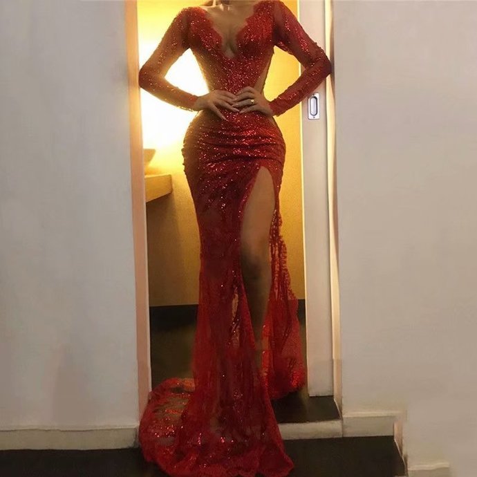 Long Sleeve Red Formal Evening Dresses, Sexy Long Formal Prom Dresses
