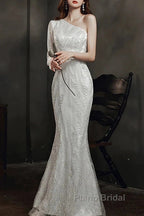 Long Sleeve Sequin Champagne Formal Prom Dresses