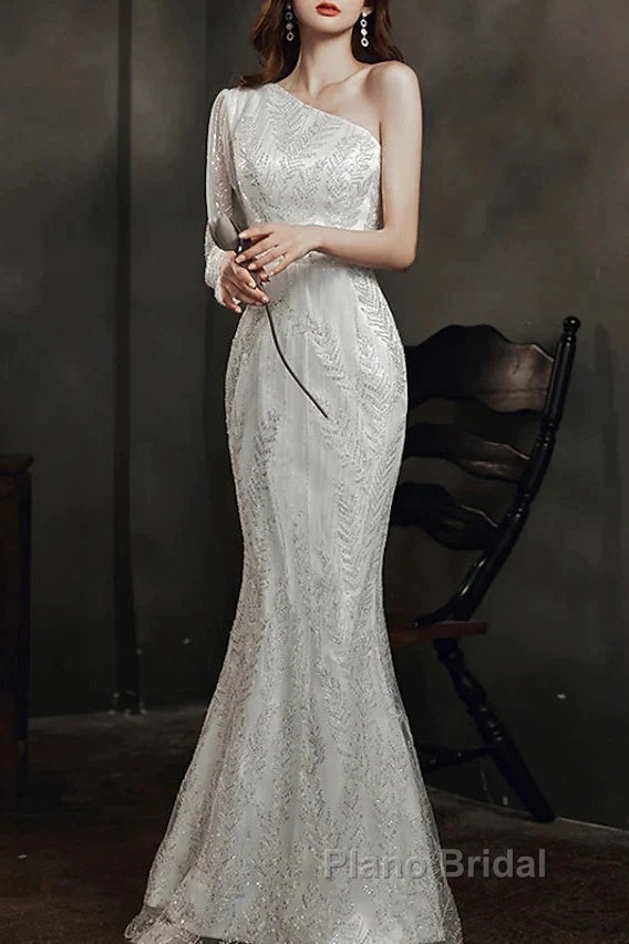 Long Sleeve Sequin Champagne Formal Prom Dresses