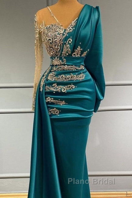 Long Sleeve Sheer Beading Ruched Satin Green Trumpet Mermaid Formal Prom Dresses