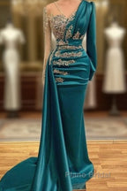 Long Sleeve Sheer Beading Ruched Satin Green Trumpet Mermaid Formal Prom Dresses